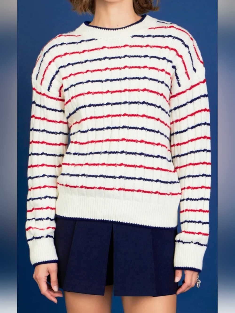 NWT English Factory White Crewneck Sweater with Red & Navy Stripes